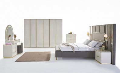 Luxus Komplett Schlafzimmer Set Beige Gold Kommode Bett Nachttisch 7tlg. Glanz