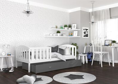FURNIX Kinderbett KERINI P 80x190 mit Schublade und Matratze Weiß-Grau