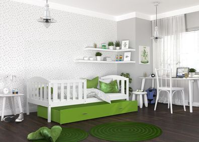 FURNIX Kinderbett KERINI P 90x200 mit Schublade und Matratze Weiß-Grün
