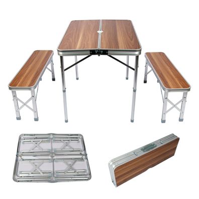 Wiltec Koffertisch mit 2 Bänken Holzdesign Aluminium Campingtisch Klapptisch