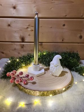 Geschenk SET Baum Holz Scheibe Zwerg Wichtel Kerze Halter Goldfarben Weihnachten Deko