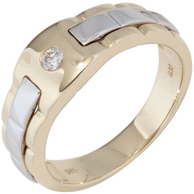 Herren Ring 585 Gold Gelbgold Weißgold bicolor 1 Diamant Brillant Herrenring