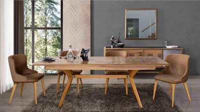 Designer Holz Ess Esszimmer Set Tisch 4x Lehn Stühle Set Garnitur Polster 5tlg