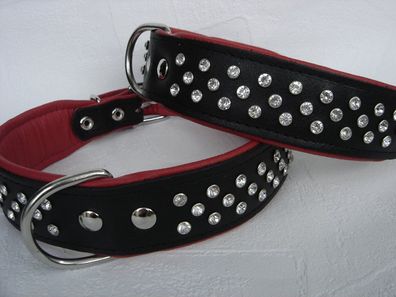 Hundehalsband, Halsumfang 43-51cm/40mm, LEDER + Kristallen + Schwarz-Rot 16.61