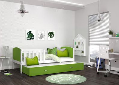 FURNIX Doppel-Kinderbett Tamelio P2 90x200 Schublade mit Matratze Weiß-Grün