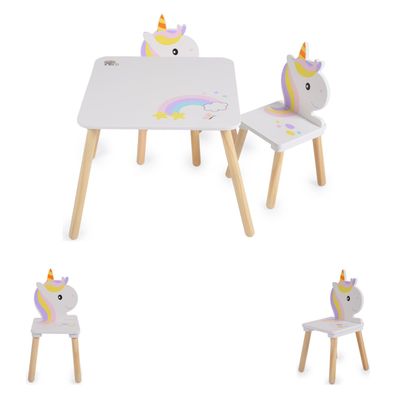 Moni Kinder Holztisch-Set Einhorn mit zwei Stühle, Kindersitzgruppe ab 3 Jahren