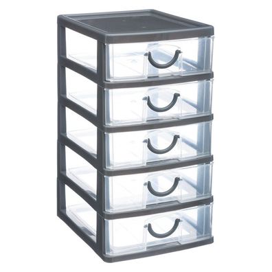 Organizer mit 5 Schubladen, Schubladencontainer, 13 x 16 x 26 cm, durchsichtig, grau