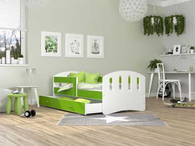 FURNIX Kinderbett HERRY 80x180 mit Schublade Rausfallschutz & Matratze Weiß-Grün