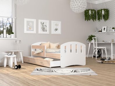 FURNIX Kinderbett HERRY 80x180 mit Schublade und Matratze Weiß-Sonoma Eiche