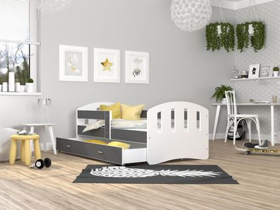 FURNIX Kinderbett HERRY 90x200 mit Schublade Rausfallschutz & Matratze Weiß-Grau