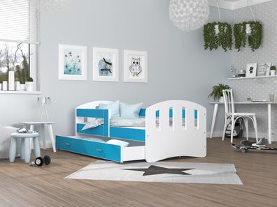FURNIX Kinderbett HERRY 80x160 mit Schublade Rausfallschutz & Matratze Weiß-Blau