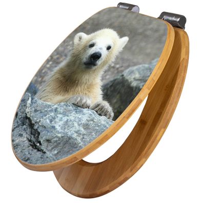 banjado® WC-Sitz Bambus braun mit Absenkautomatik Motiv Eisbär Baby