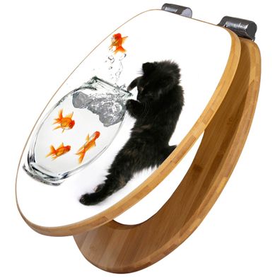 banjado® WC-Sitz Bambus braun mit Absenkautomatik Motiv Katze Und Fisch