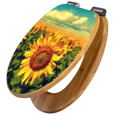 banjado® WC-Sitz Bambus braun mit Absenkautomatik Motiv Sonnenblumen