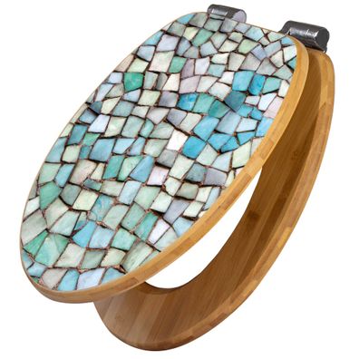 banjado® WC-Sitz Bambus braun mit Absenkautomatik Motiv Mosaik Blau
