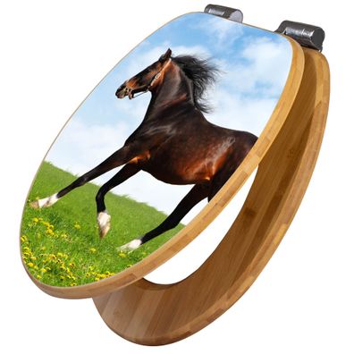 banjado® WC-Sitz Bambus braun mit Absenkautomatik Motiv Pferd