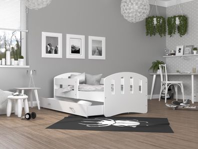 FURNIX Kinderbett HERRY 80x160 mit Schublade Rausfallschutz & Matratze Weiß-Weiß