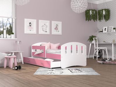 FURNIX Kinderbett HERRY 80x180 mit Schublade Rausfallschutz & Matratze Weiß-Rosa