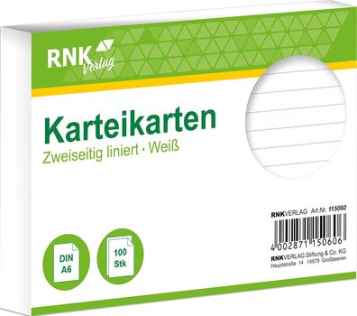 RNK 115060 - Karteikarte liniert 7 mm, DIN A6, weiß, 1 Packung à 100 Karten