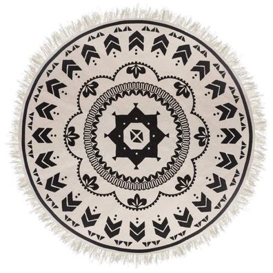 Deko Teppich im Boho-Stil mit Mandala-Muster, Ø 120 cm, schwarz-weiß