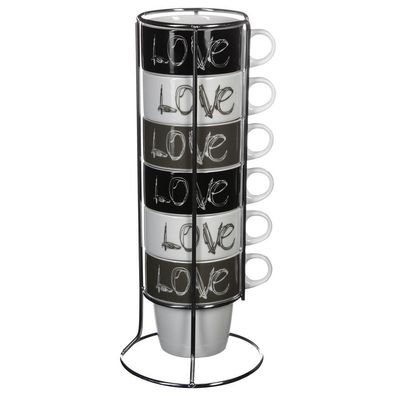 Set mit 6 Porzellantassen auf einem Ständer, Kaffeetassen, Tassenset - schwarz