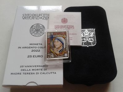 Original 25 euro 2022 PP Vatikan Mutter Teresa coloriert Silber im Etui