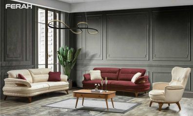 Gruppe Sofagarnitur 3 + 3 + 1 Sitzer Luxus Sofa Sessel Sofas Stoff Klassisches Set