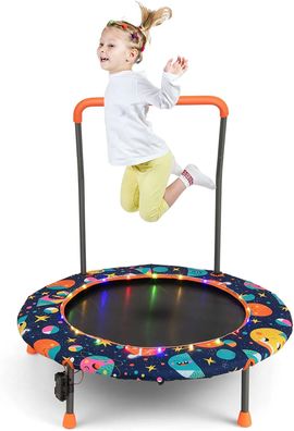 92 cm Kindertrampolin, Mini Trampolin mit LED-Beleuchtung & abnehmbarer Griff