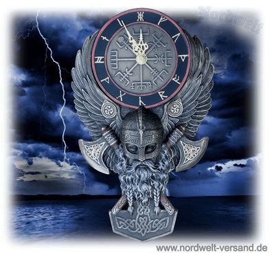 Wanduhr Odins Kopf, Wandrelief / Wandbild, Uhr mit Vegvísir, bronziert koloriert