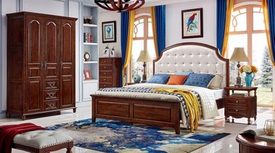 Schlafzimmer Set Bett 2x Nachttische Holz Kleiderschrank Luxus Klassisch 4tlg.