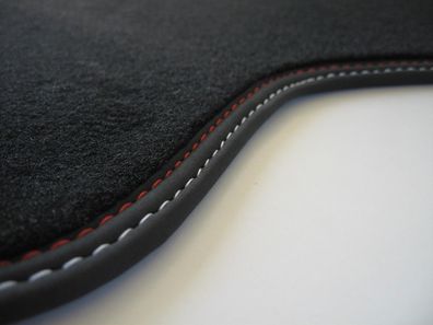 Für BMW 5er E34 Fußmatten Velours Deluxe schwarz Nubukband Doppelnaht rot-weiß