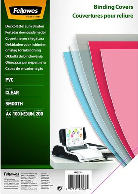 Fellowes 5376102 PVC Deckblätter, A4, 200 Mikron, transparent, 100er Pack