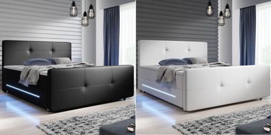Designer Leder Boxspringbett 140 180 x 200 cm Boxspring Bett mit LED Matratze Topper
