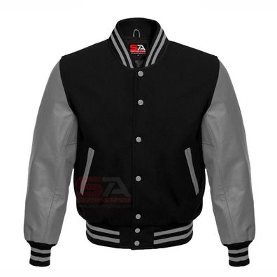 Varsity Men´s Letterman Baseball Black Wool Genuine Gray Leather Sleeves Jacket