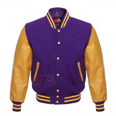Unisex Varsity Jacket Letterman Baseball Purple Wool & Real Gold Leather Sleeves