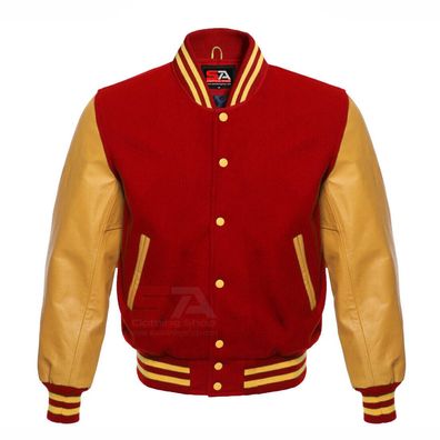 Unisex Varsity Jacket Letterman Baseball Red Wool & Real Gold Leather Sleeves
