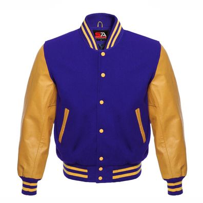 Men Letterman College Bomber Winter Varsity Poofy Jacket Leather Gold-royal-blue