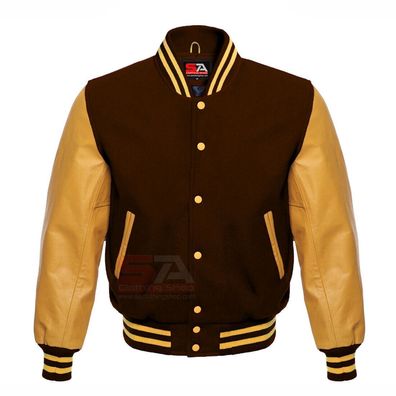 Varsity Jacket Letterman Baseball Dark Brown Wool Genuine Gold Leather Sleeves