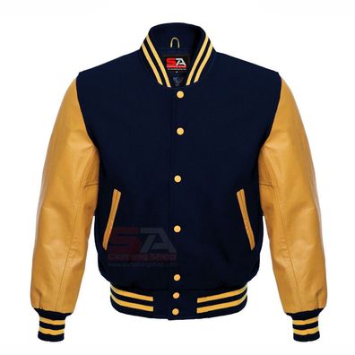 Unisex Varsity Jacket Letterman Baseball Navy Wool Genuine Gold Leather Sleeves