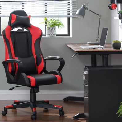 Hansiro Gaming Stuhl Bürostuhl mit Fußstütze bis 150 kg belastbar Schwarz-Rot