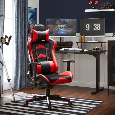Gaming Stuhl Schreibtischstuhl bis 150 kg belastbar Schwarz-Rot