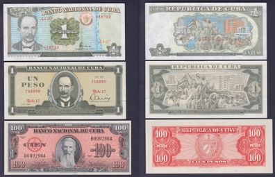 1 bis 100 Pesos Banknoten Cuba Kuba 1959-1995 Pick 93,102,112 UNC (124050)