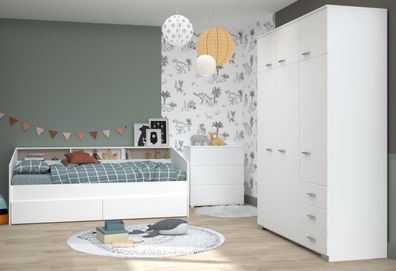 Kinderzimmer komplett Set weiß Stauraum Bett 90x200 Kleiderschrank Kommode Sleep