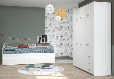 Kinderzimmer Möbel Set in weiß Stauraum Bett 90x200 Kleiderschrank 6-türig Sleep