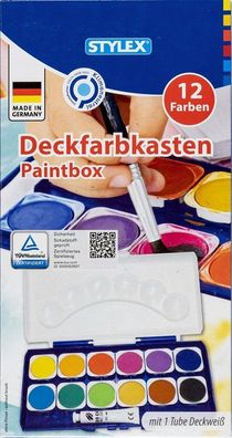 Stylex Made in Germany Deckfarbkasten, 12 Farben mit Deckweiß