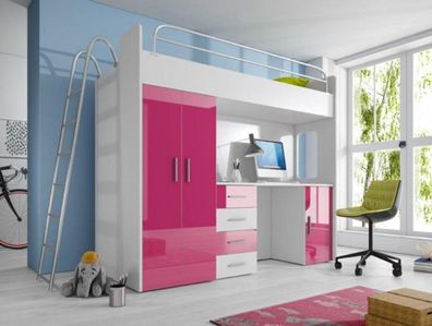 Rosa Doppelstockbett Holz Etagen Bett Mädchen Hochglanz mit Schreibtisch Schrank