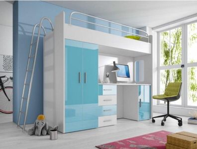 Blau Doppelstockbett Holz Etagen Bett Mädchen Hochglanz mit Schreibtisch Schrank