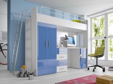 Doppelstockbett Blaues Hochbett Etagenbett Kinderzimmer mit Schrank Schreibtisch
