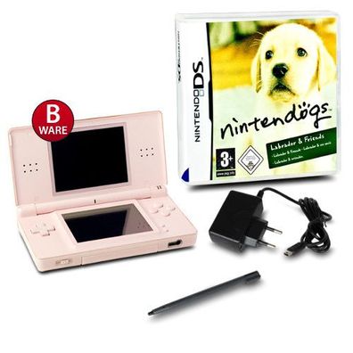 DS Lite Handheld Konsole rosa #74B + Kabel + Spiel Nintendogs Labrador & Friends