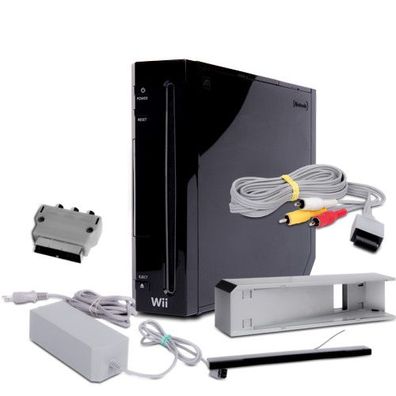Wii Konsole in Schwarz + alle Kabel + Sensorleiste + Standfuss ohne Controller